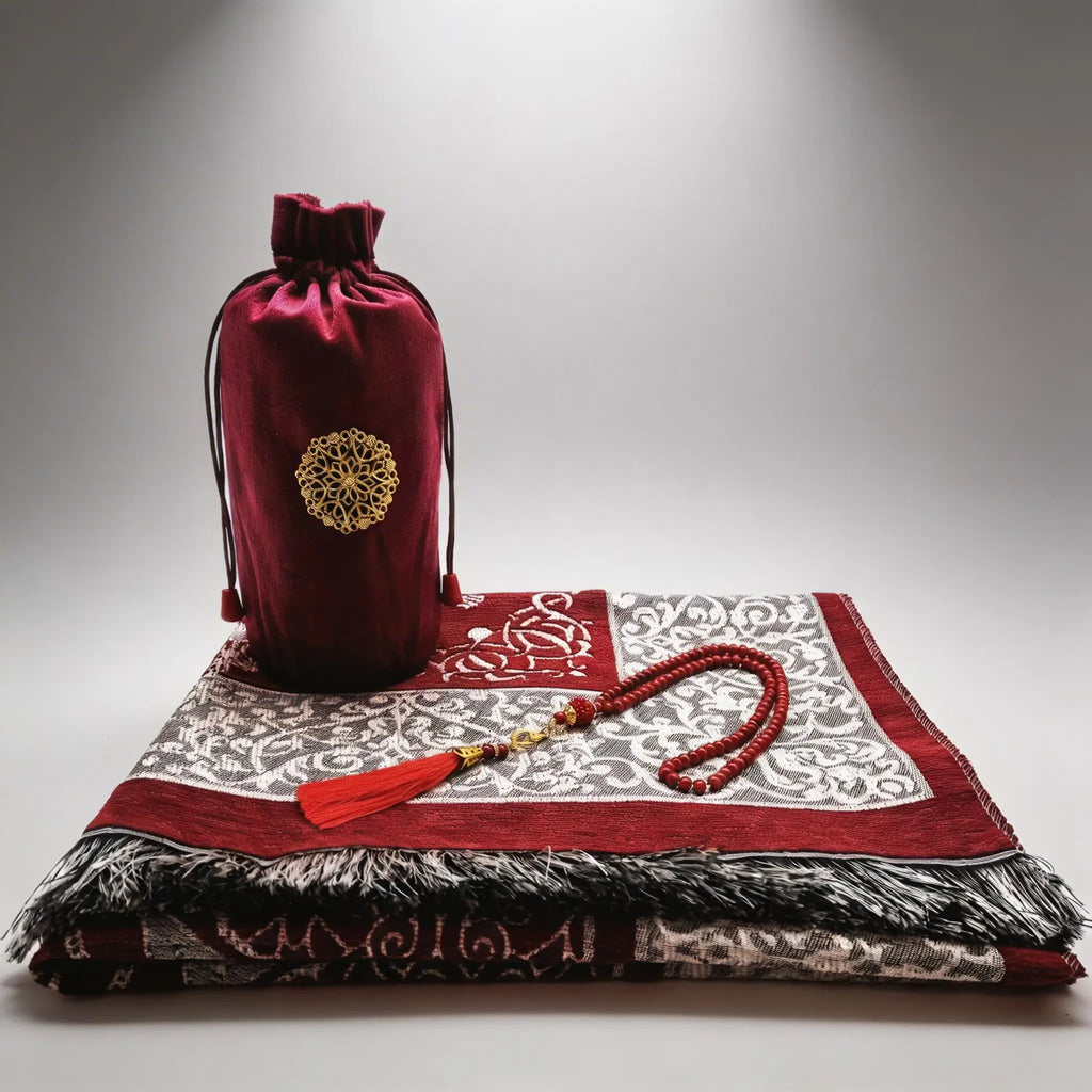 Coffret tapis de prière en chenille — avec tasbih et pochette assortis