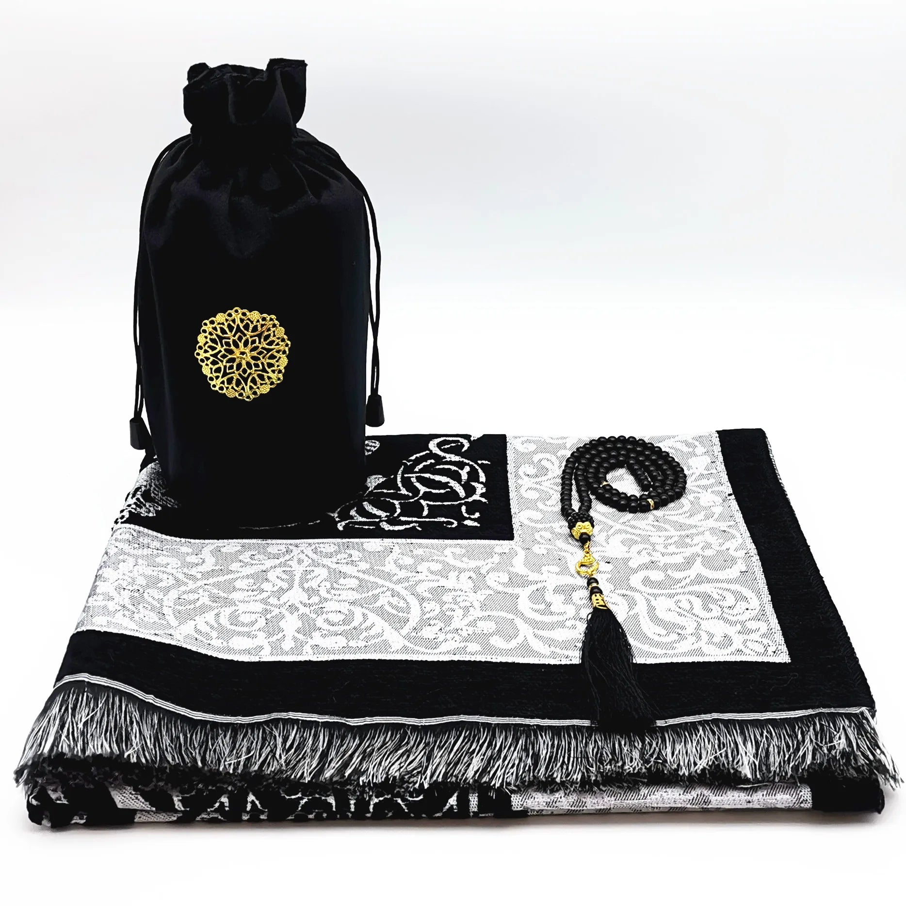 Coffret tapis de prière en chenille — avec tasbih et pochette assortis