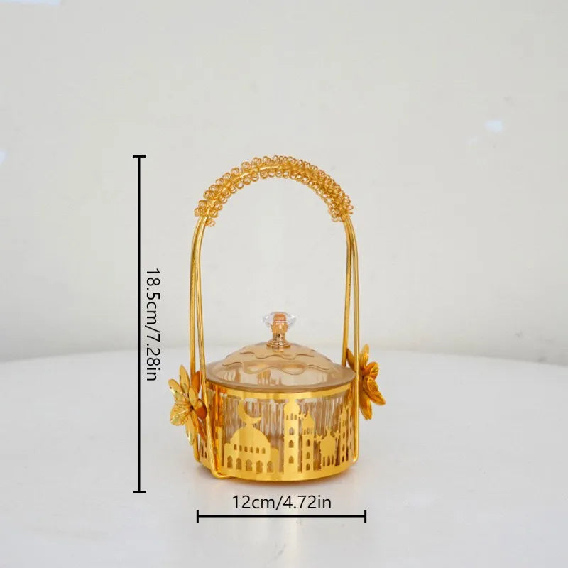Panier doré à anse et coupelle en verre — 18,5 cm