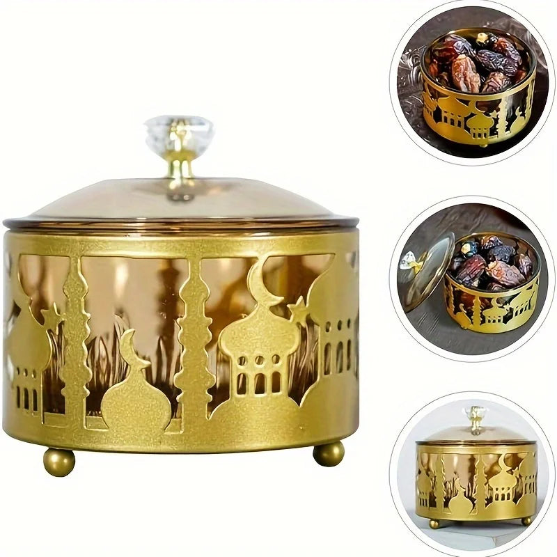Boîte à friandises en métal doré ajouré — motif de mosquée