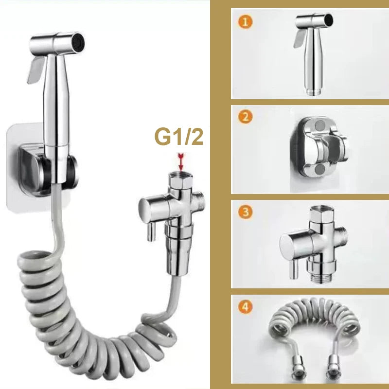 Douchette hygiénique pour WC — inox, avec flexible et support