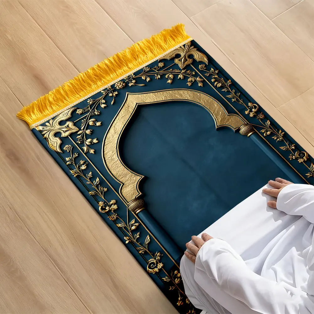 Tapis de prière arche bleu canard et or — velours