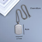 Schéma coté : pendentif 4 cm sur 2,7 cm, chaîne de 60 cm