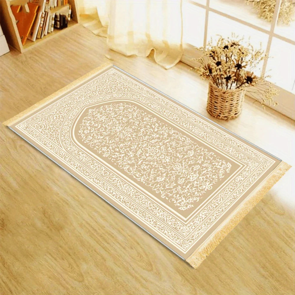 Tapis de prière crème à motif brodé — pliable, antidérapant