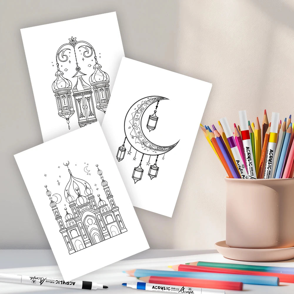 Cartes à colorier de l'Aïd — lot de 32, motifs au trait