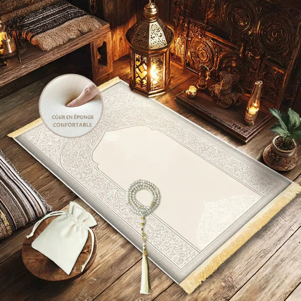 Tapis de prière à mémoire de forme — microfibre, avec chapelet et pochette