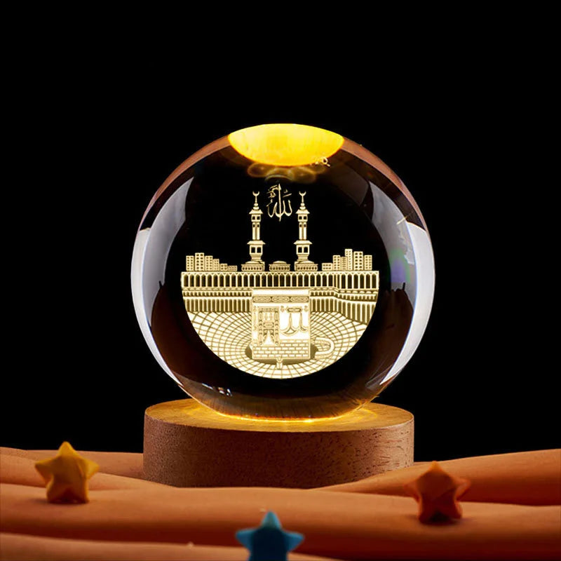 Boule de cristal gravée et socle lumineux — neuf gravures