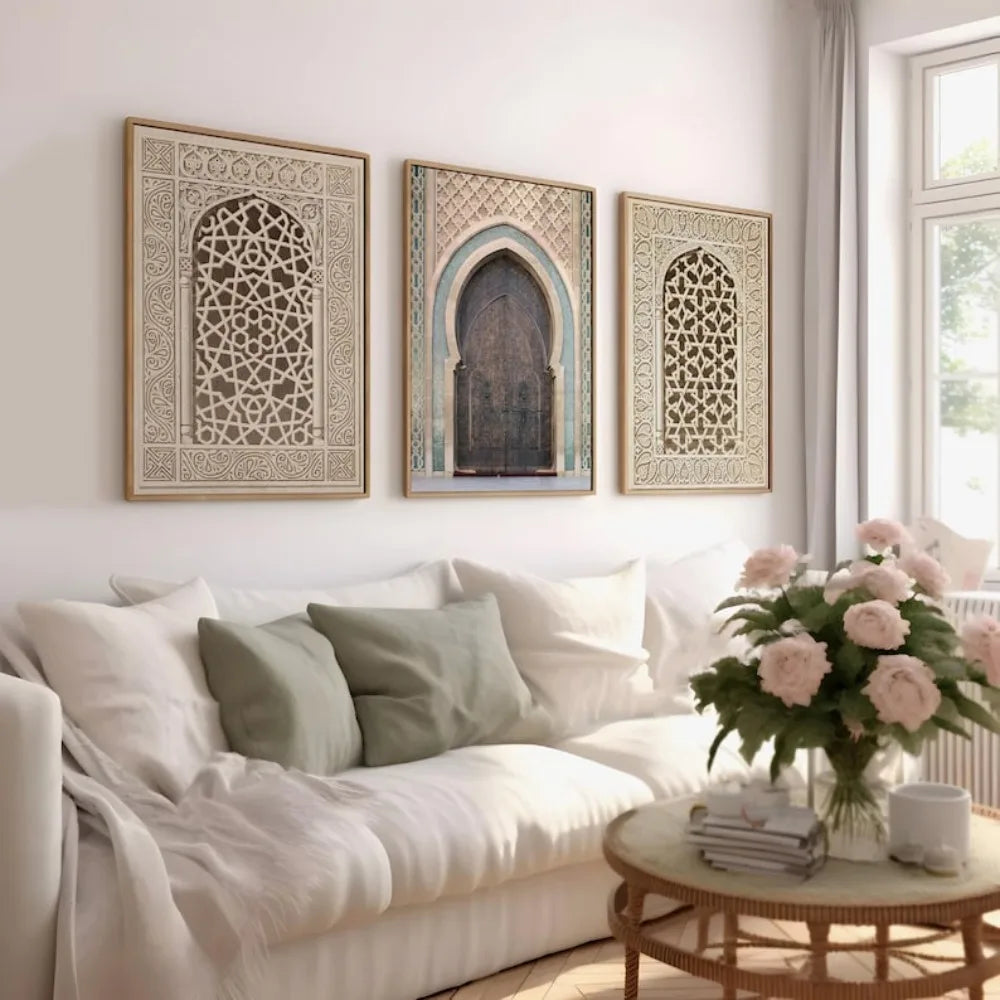 Portes et moucharabiehs de mosquée — triptyque sur toile
