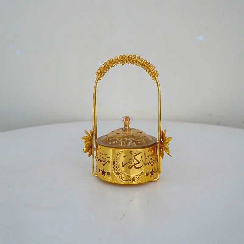 Panier doré à anse et coupelle en verre — 18,5 cm