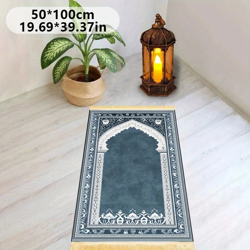 Tapis de prière arche bleu-gris — doux et antidérapant
