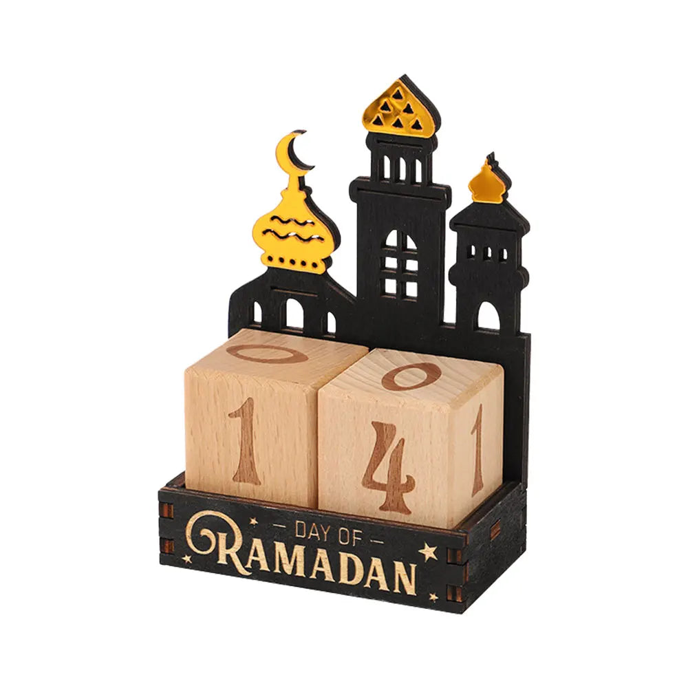 Calendrier du Ramadan en bois — blocs à tourner, mosquée découpée