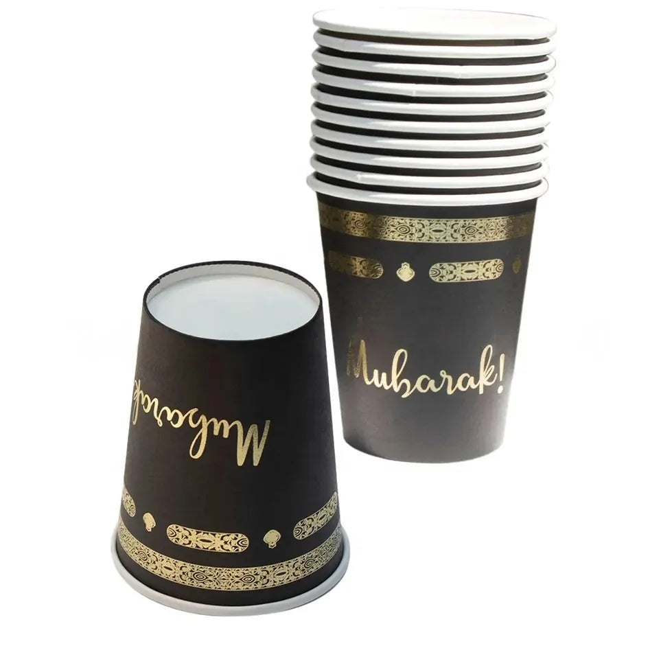 Gobelets en carton Aïd Mubarak — lot de 10, noir et or