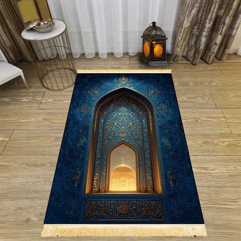 Tapis de prière arche bleu nuit et or — pliable