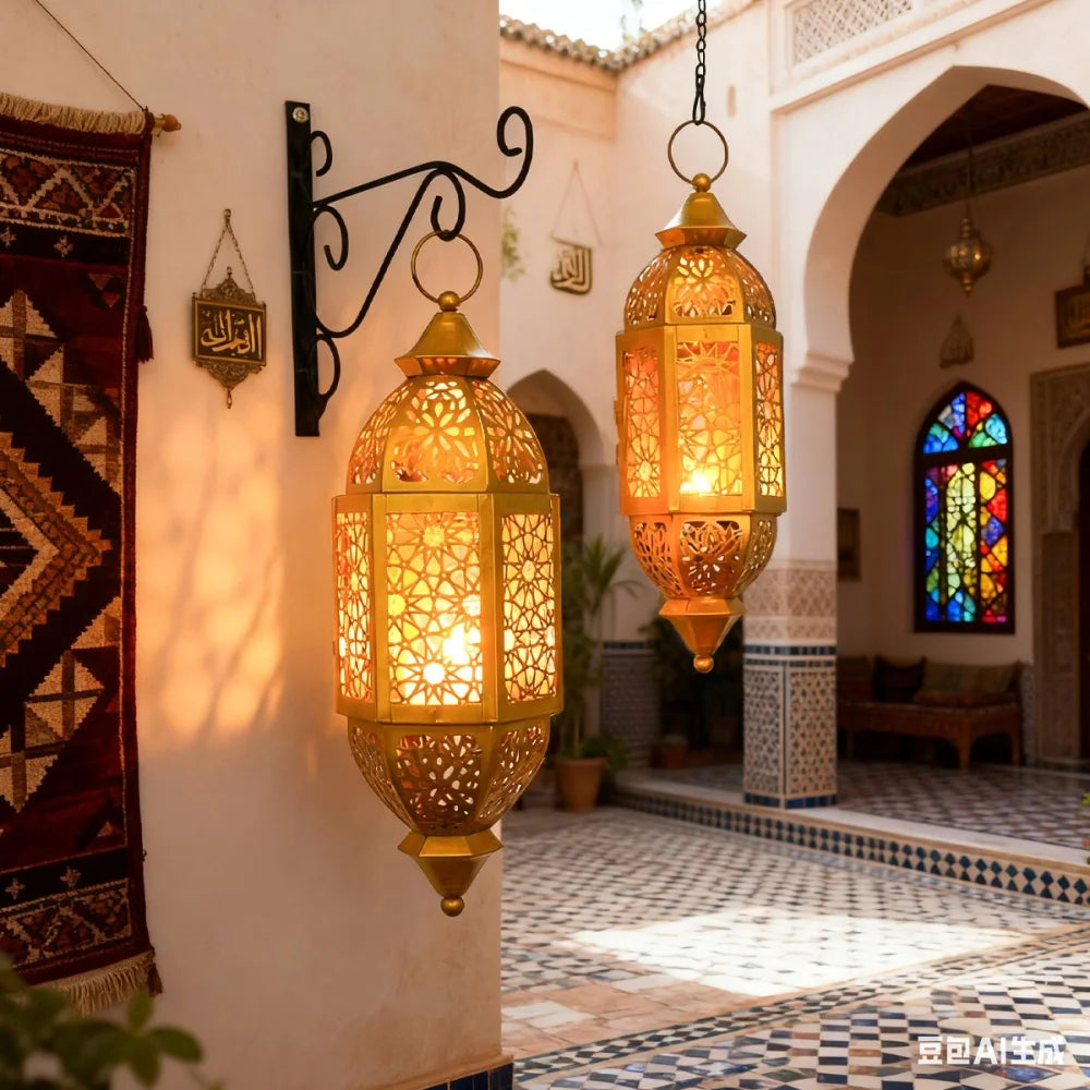 Lanternes marocaines dorées suspendues dans un patio à zellige