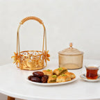 Panier doré à anse et coupelle en verre — 18,5 cm