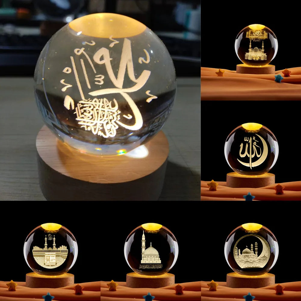 Boule de cristal gravée et socle lumineux — neuf gravures