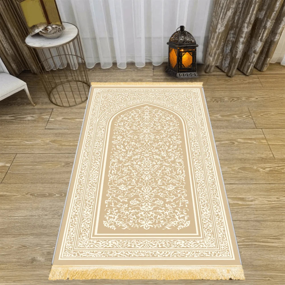 Tapis de prière crème à motif brodé — pliable, antidérapant