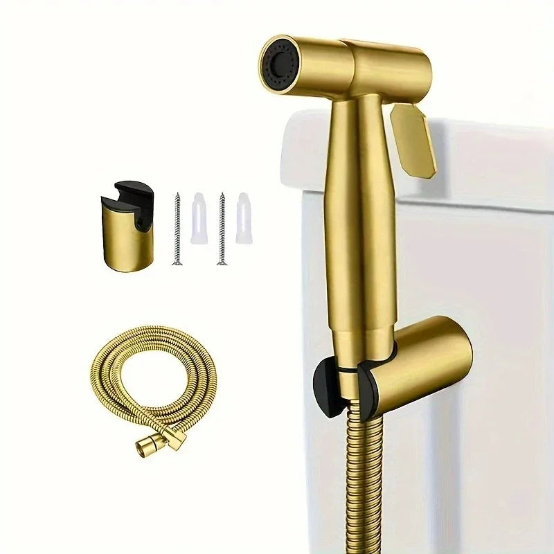Douchette hygiénique dorée pour WC — inox brossé, kit complet