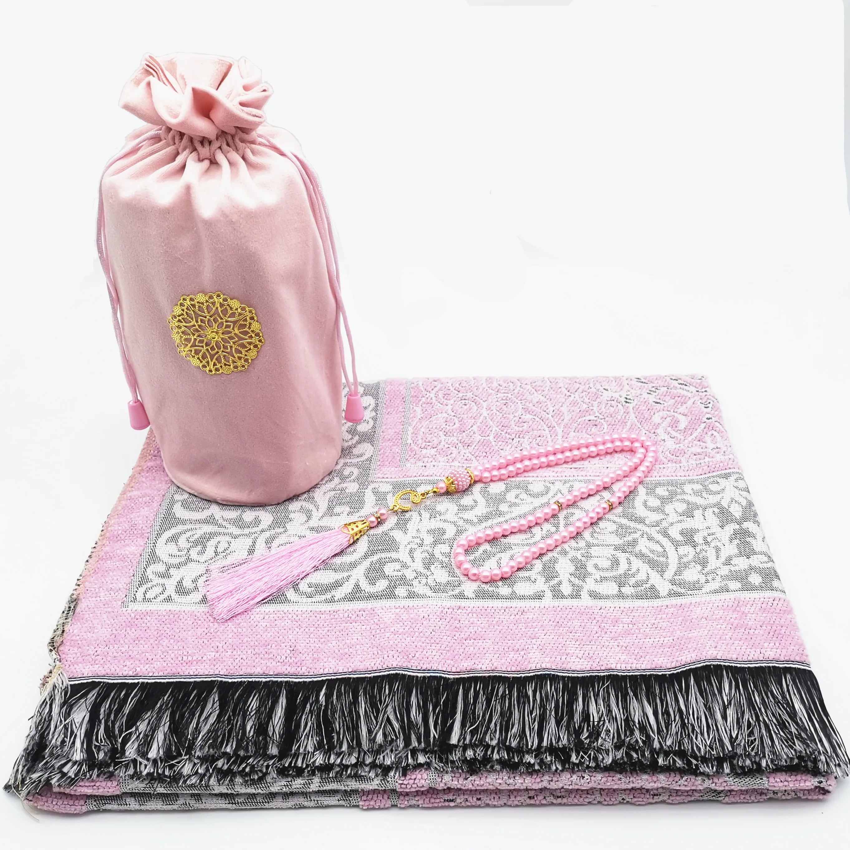 Coffret tapis de prière en chenille — avec tasbih et pochette assortis
