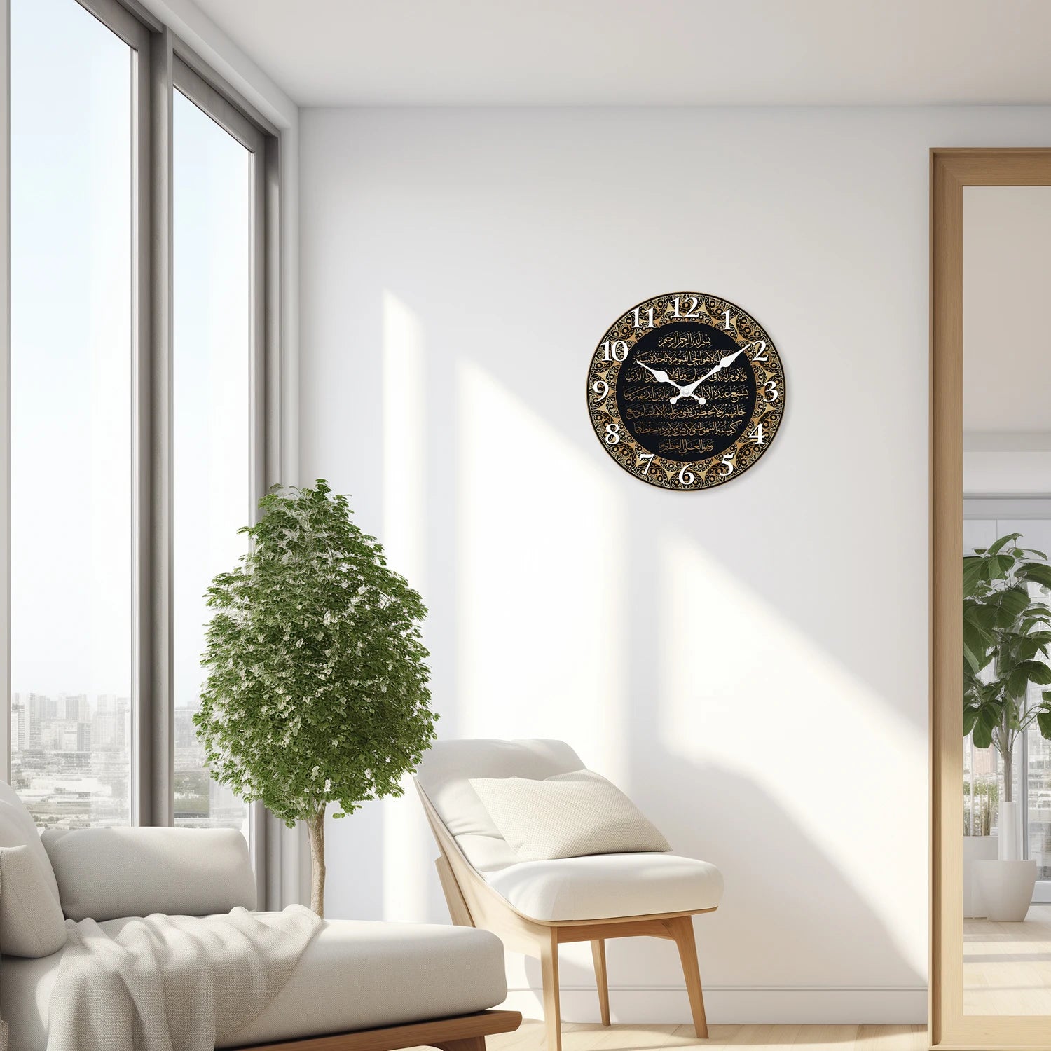 Horloge murale en bois — calligraphie du verset du Trône