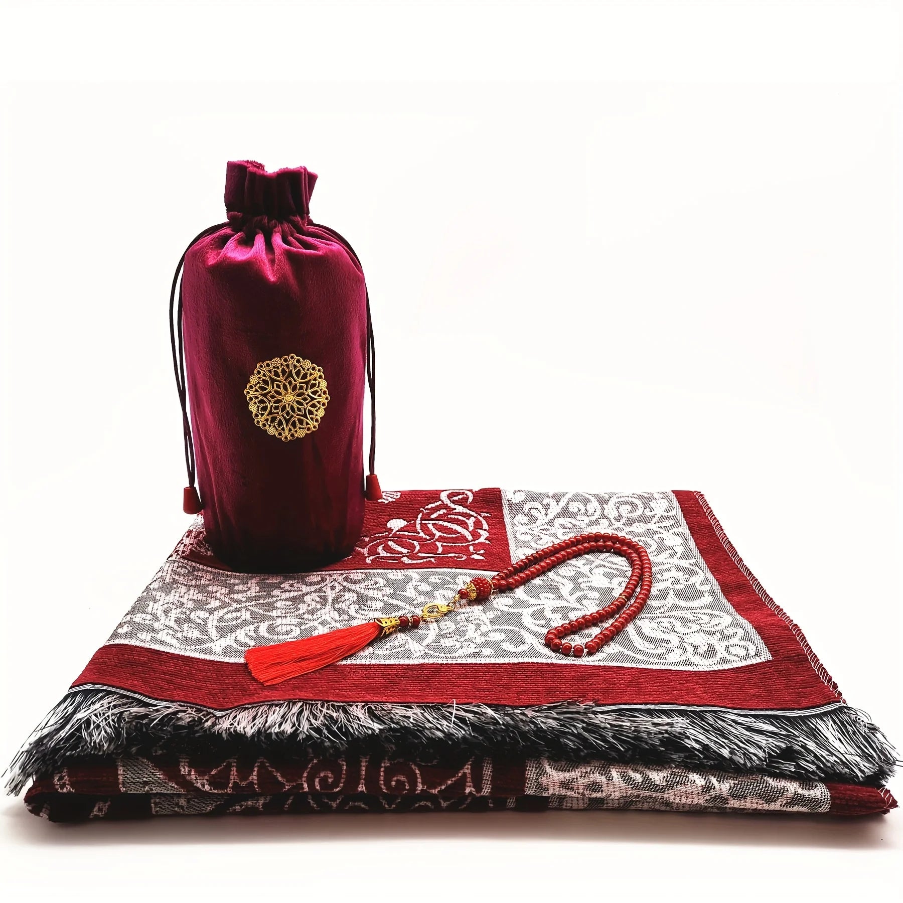 Coffret tapis de prière en chenille — avec tasbih et pochette assortis