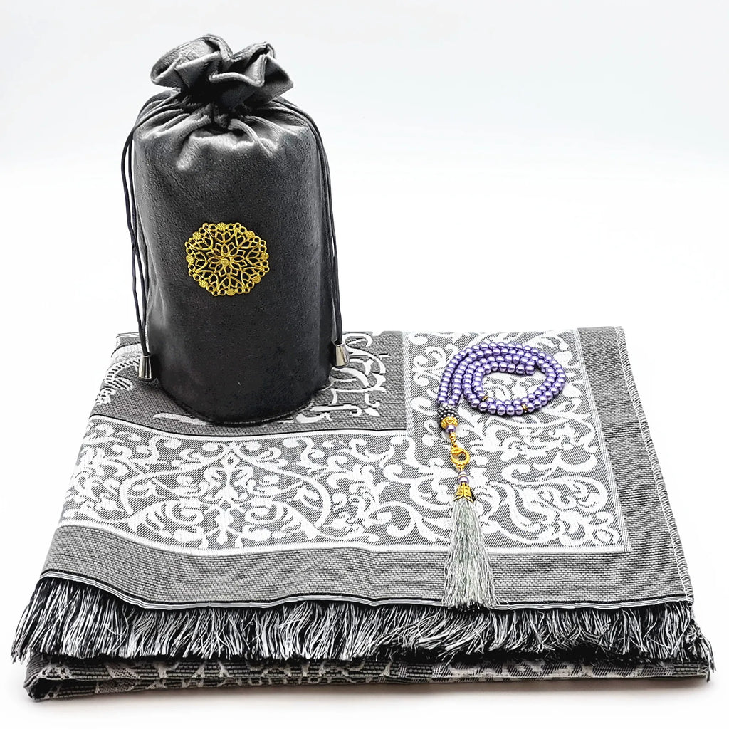 Coffret tapis de prière en chenille — avec tasbih et pochette assortis