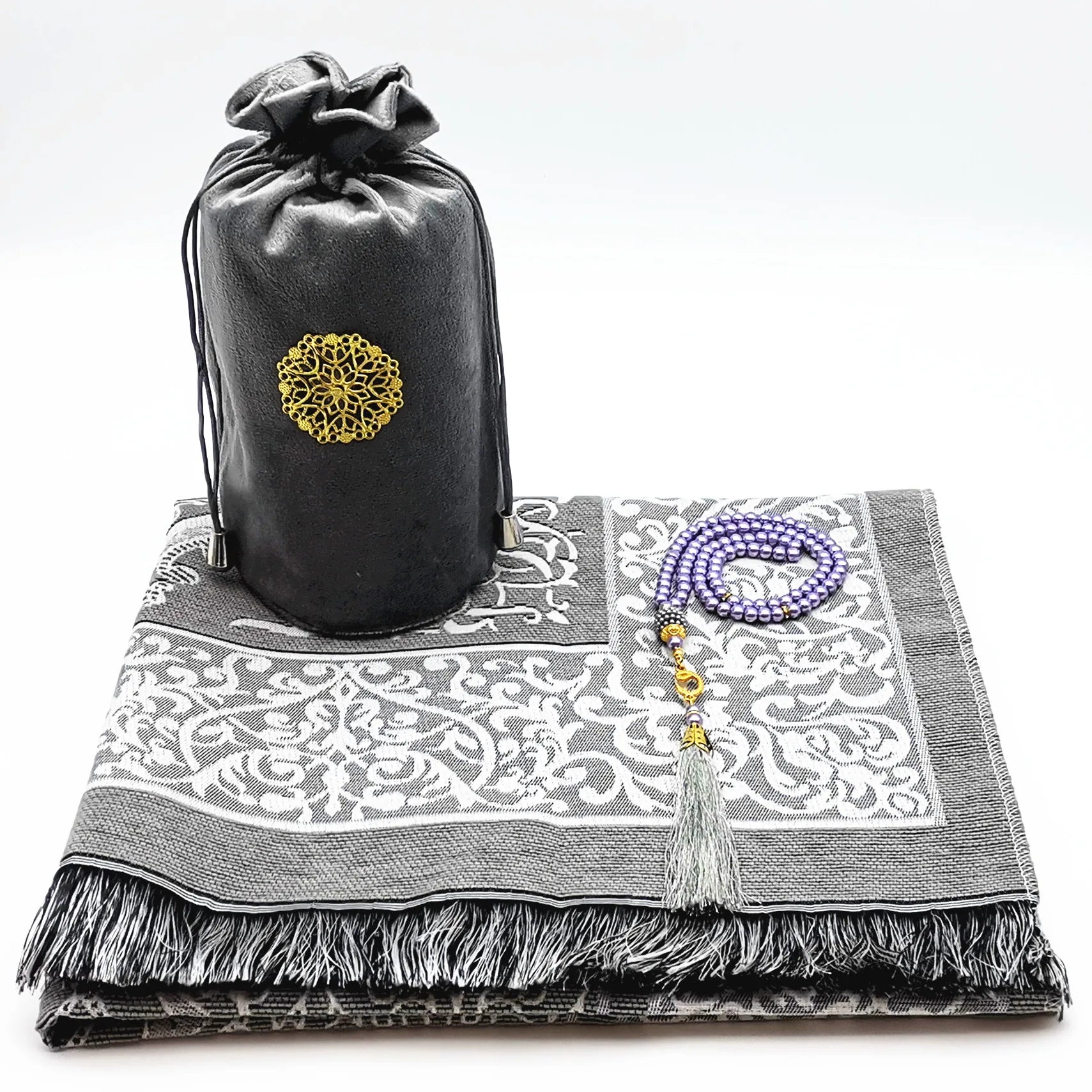 Coffret tapis de prière en chenille — avec tasbih et pochette assortis