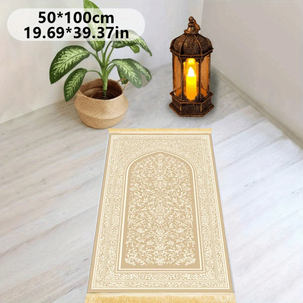 Tapis de prière crème à motif brodé — pliable, antidérapant