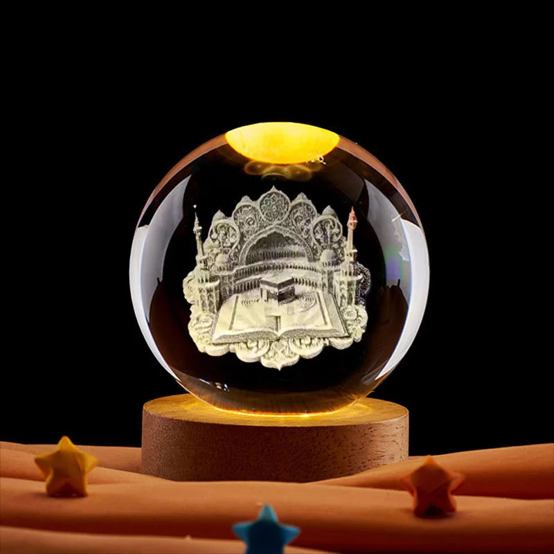 Boule de cristal gravée et socle lumineux — neuf gravures
