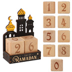 Calendrier du Ramadan en bois — blocs à tourner, mosquée découpée