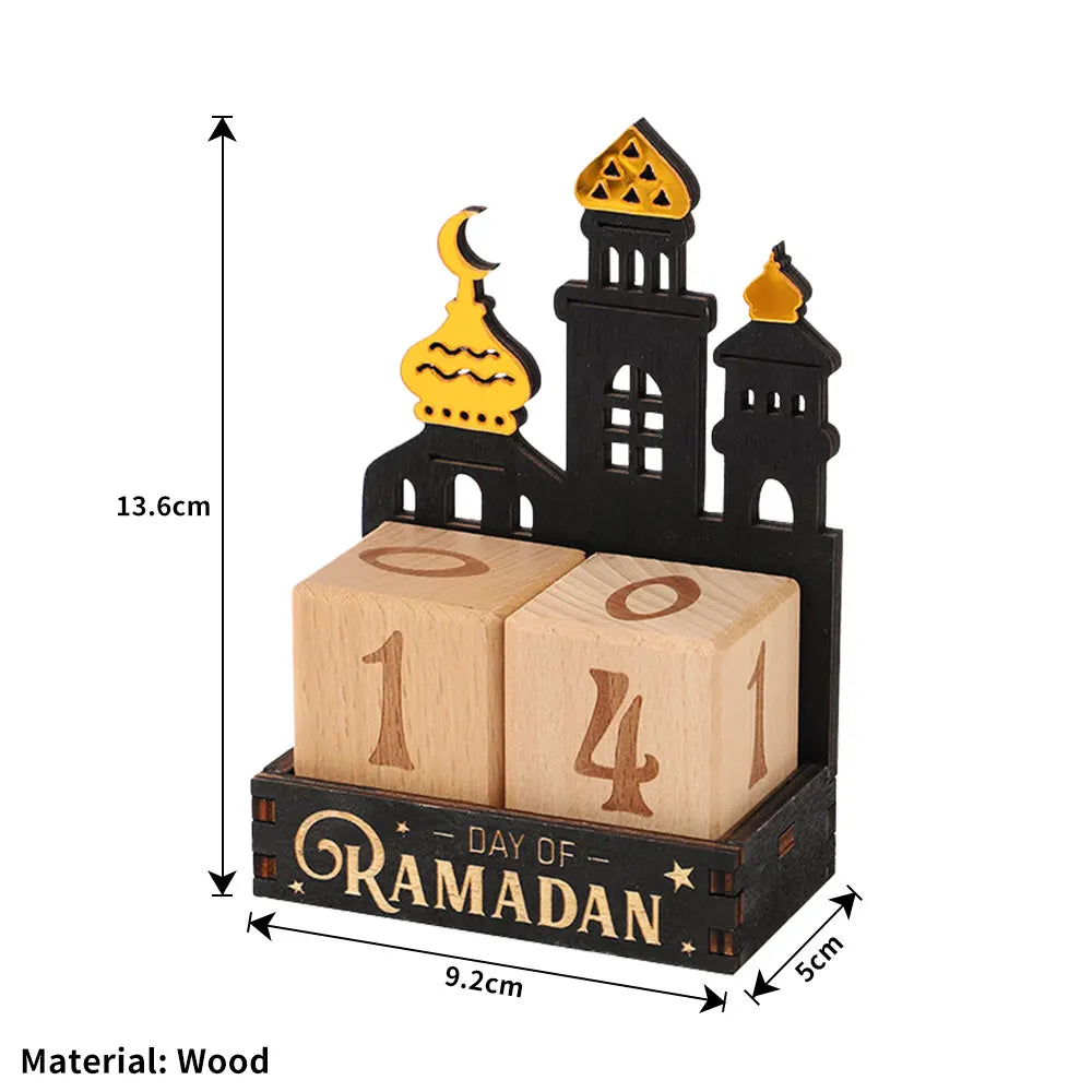 Calendrier du Ramadan en bois — blocs à tourner, mosquée découpée