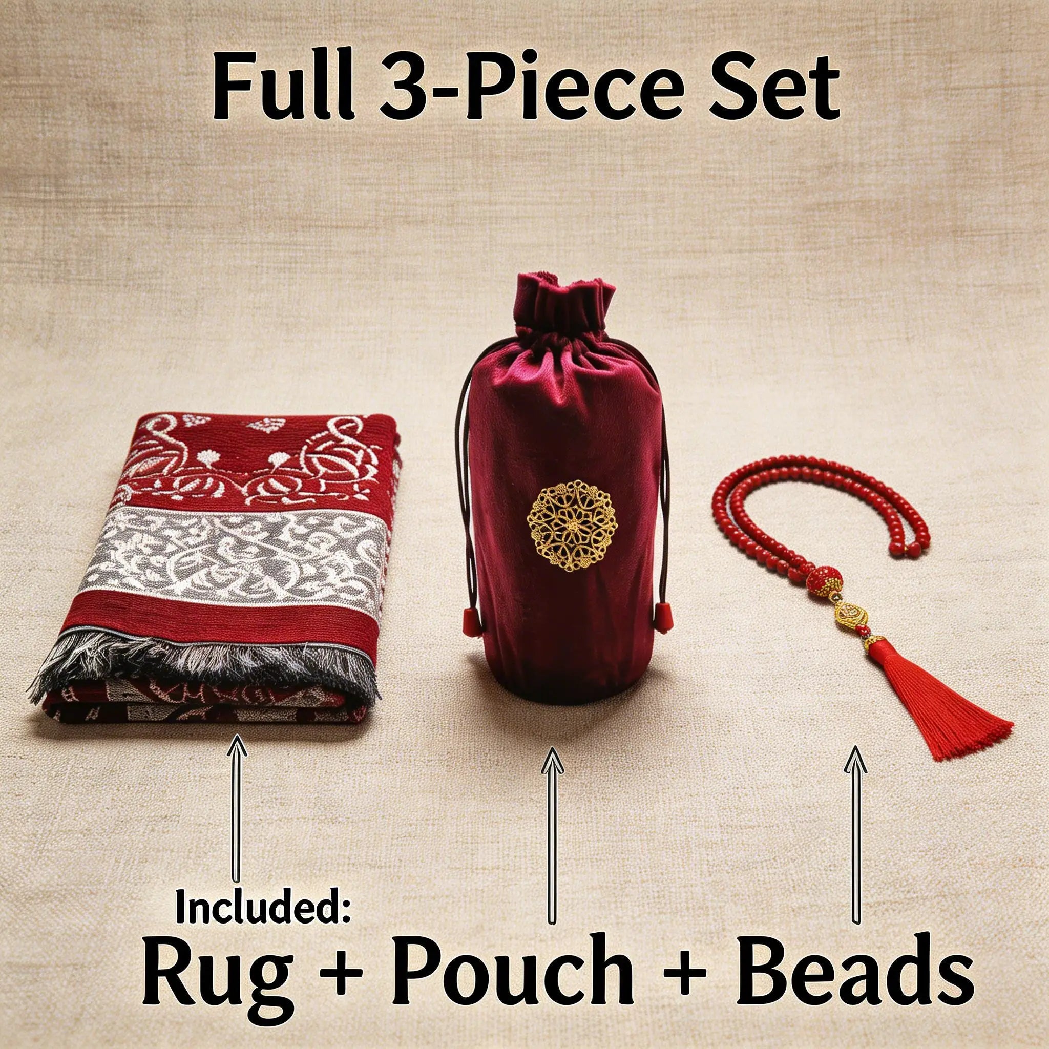 Coffret tapis de prière en chenille — avec tasbih et pochette assortis