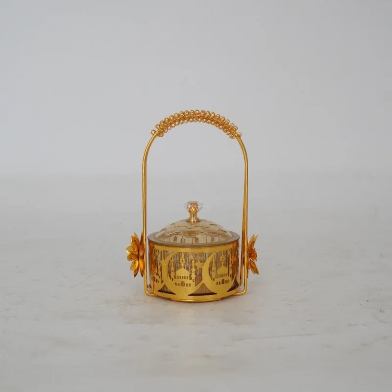 Panier doré à anse et coupelle en verre — 18,5 cm