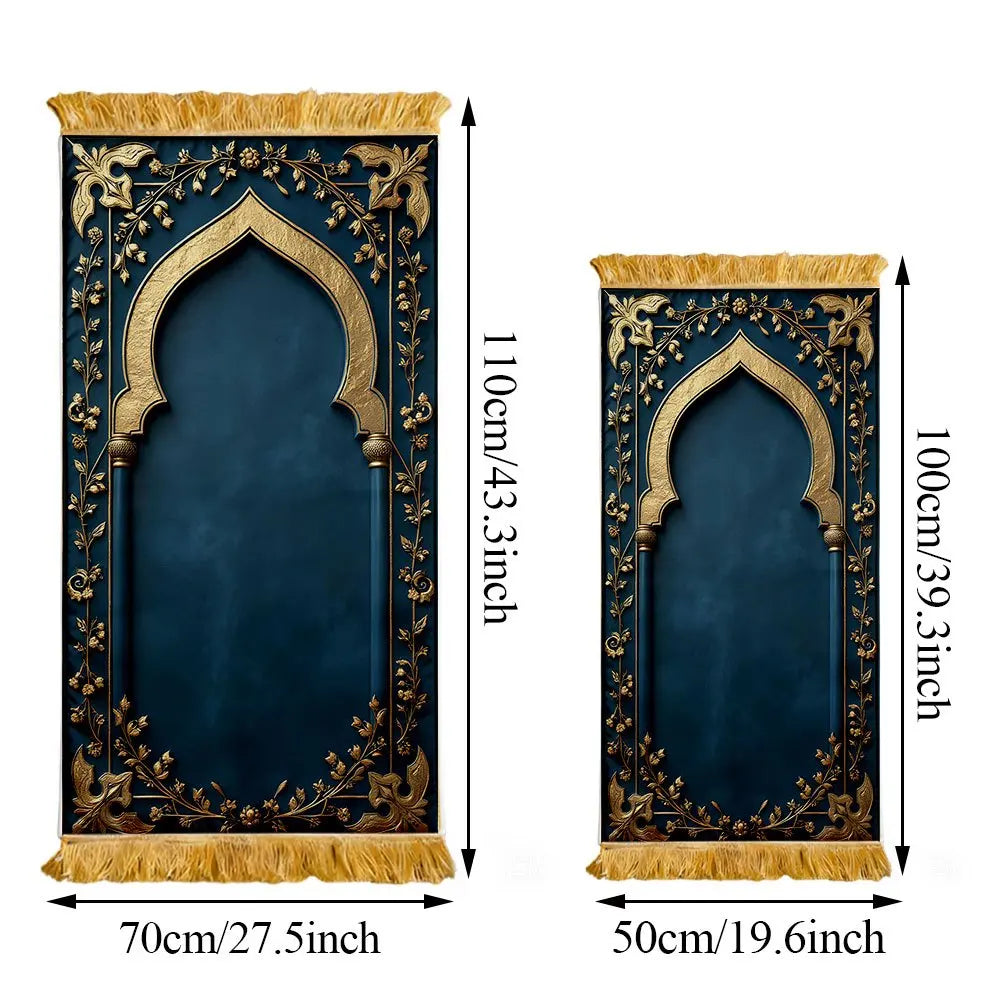 Tapis de prière arche bleu canard et or — velours