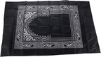 Tapis de prière de voyage déplié, motif mihrab argenté sur fond noir