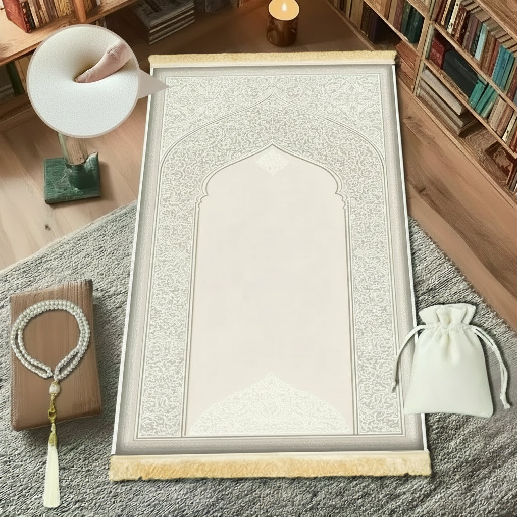 Tapis de prière à mémoire de forme — microfibre, avec chapelet et pochette