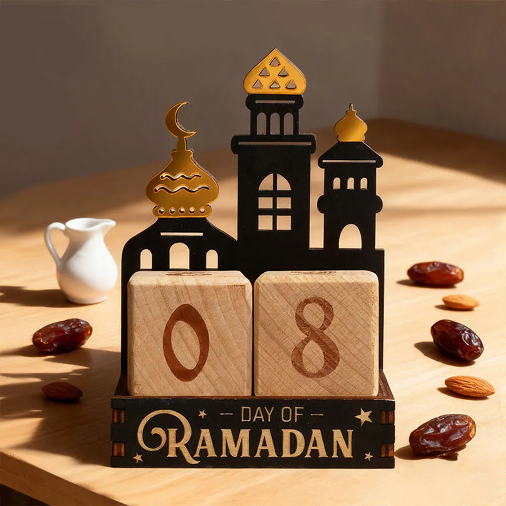 Calendrier du Ramadan en bois — blocs à tourner, mosquée découpée