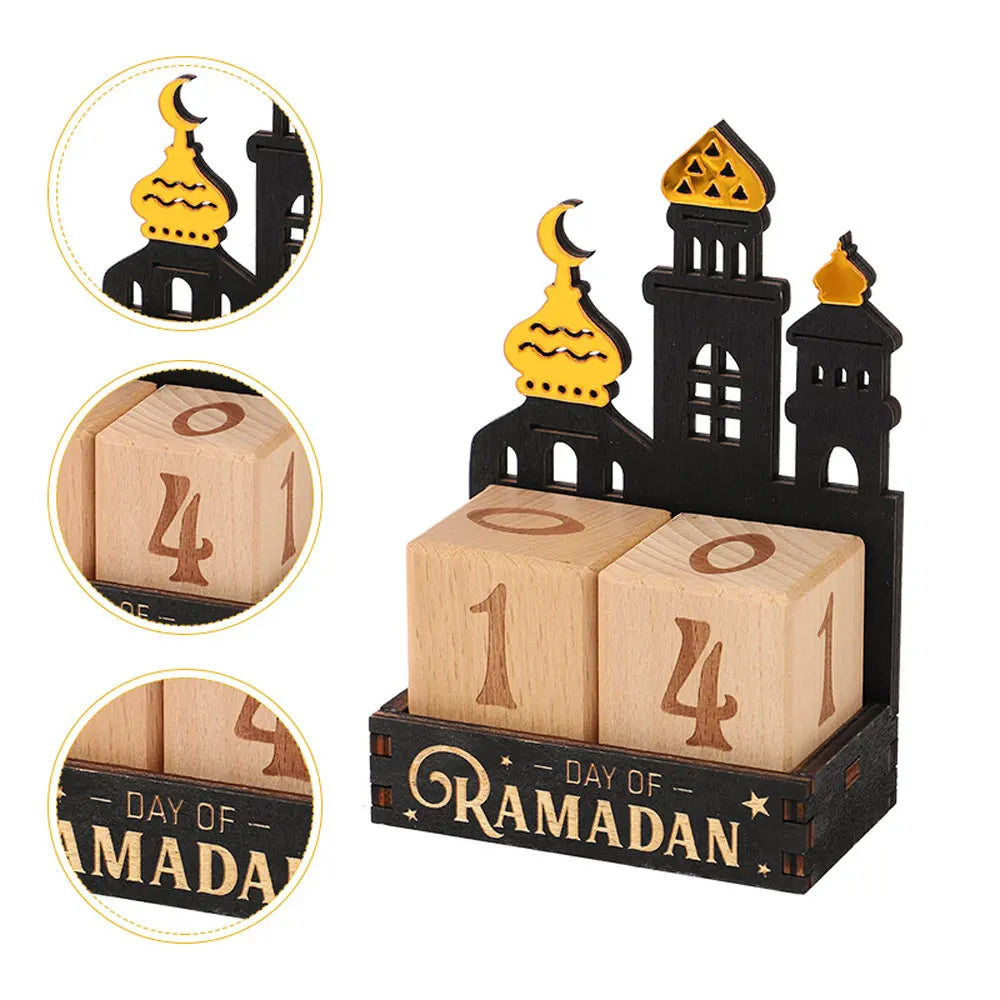 Calendrier du Ramadan en bois — blocs à tourner, mosquée découpée