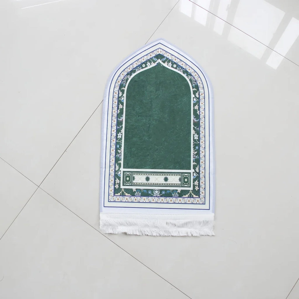 Tapis de prière de voyage vert à bordure blanche