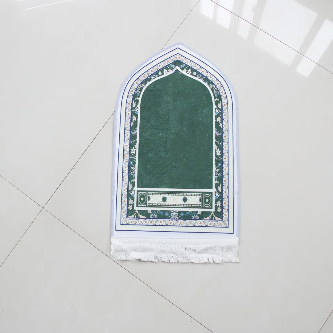 Tapis de prière de voyage vert à bordure blanche
