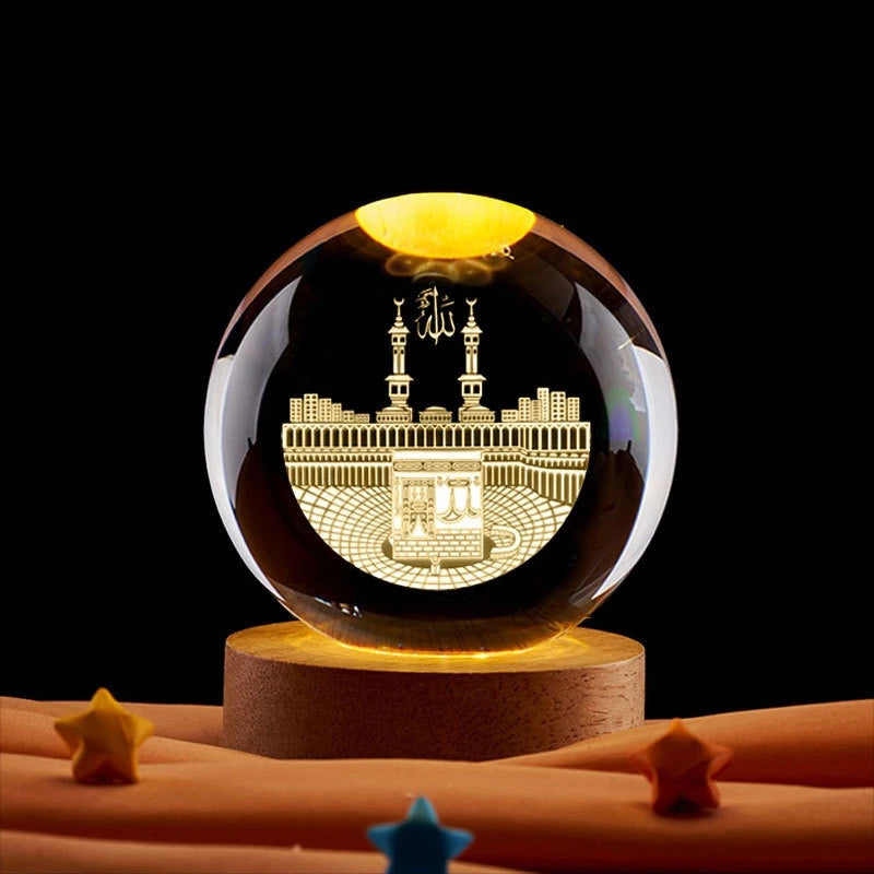 Boule de cristal gravée et socle lumineux — neuf gravures