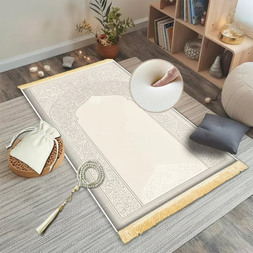 Tapis de prière à mémoire de forme — microfibre, avec chapelet et pochette