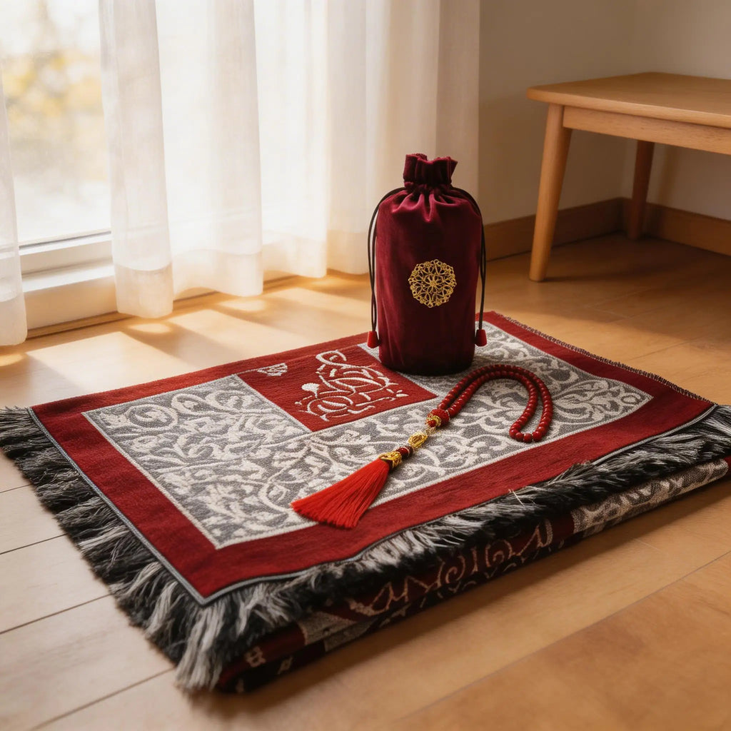 Coffret tapis de prière en chenille — avec tasbih et pochette assortis