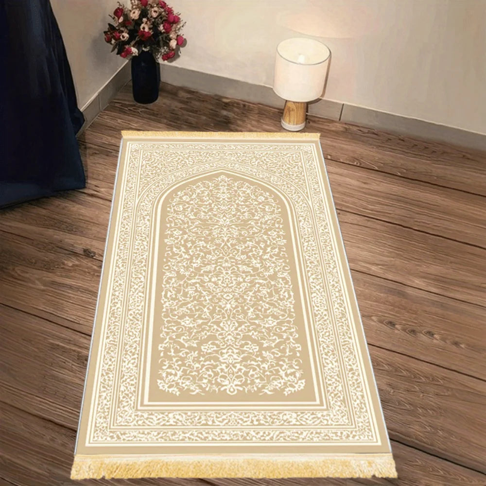 Tapis de prière crème à motif brodé — pliable, antidérapant