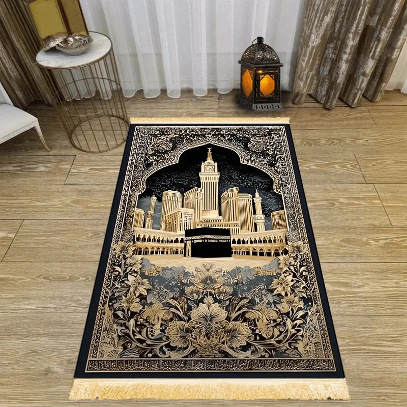 Tapis de prière la Kaaba — noir et or, pliable