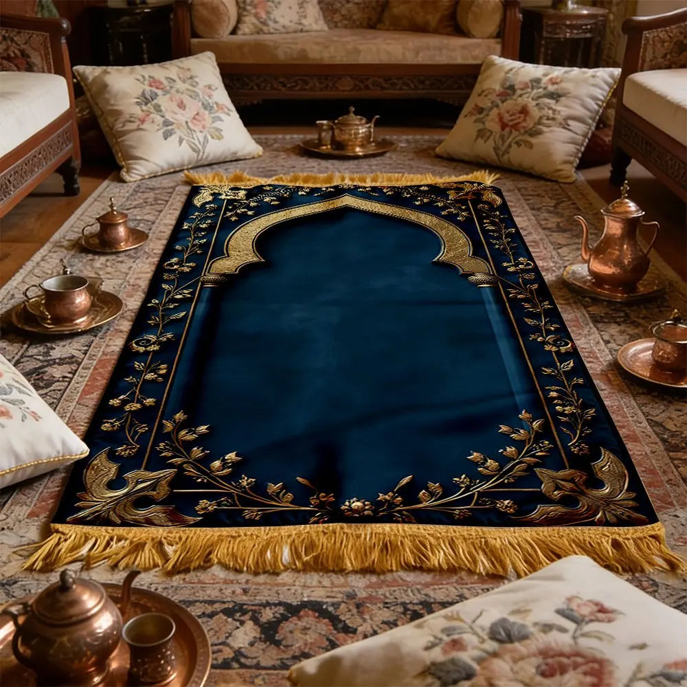 Tapis de prière arche bleu canard et or — velours