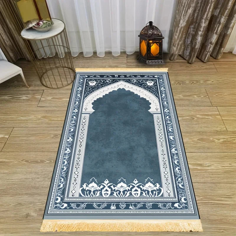 Tapis de prière arche bleu-gris — doux et antidérapant