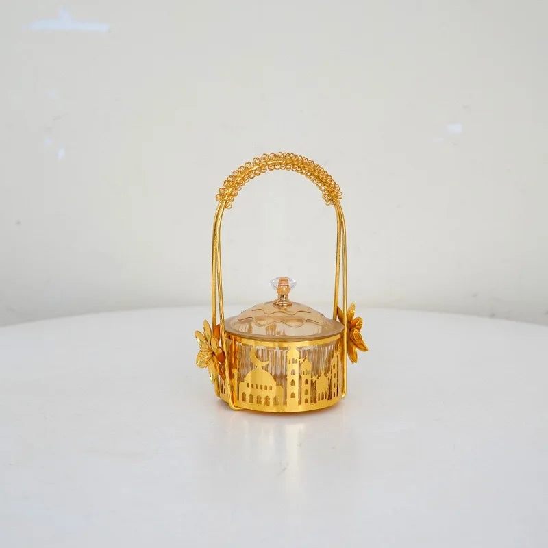Panier doré à anse et coupelle en verre — 18,5 cm