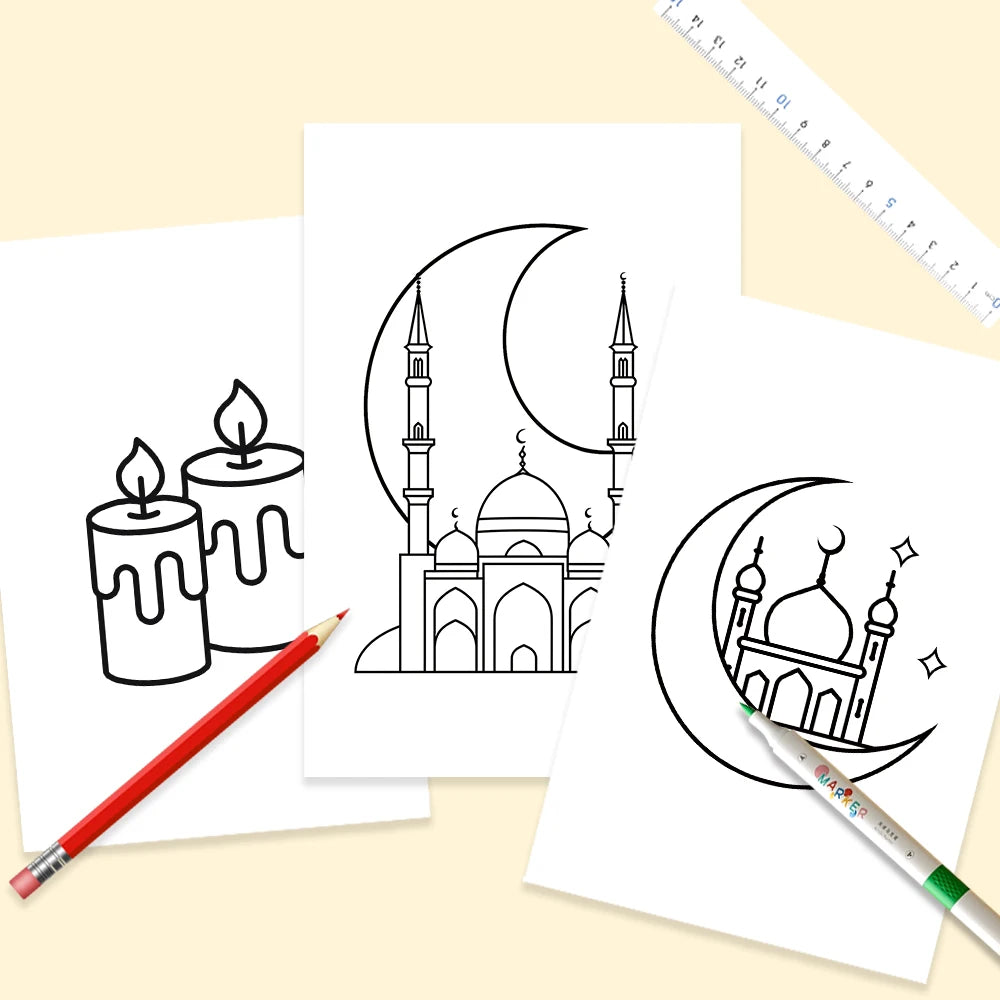 Cartes à colorier de l'Aïd — lot de 32, motifs au trait