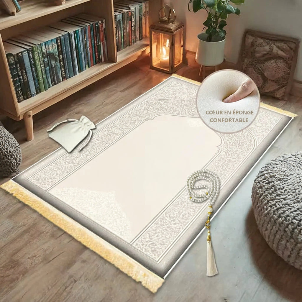 Tapis de prière à mémoire de forme — microfibre, avec chapelet et pochette